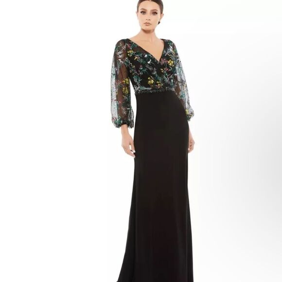 Mac Duggal 79379 Embroidered Mesh Long Sleeve Column Gown Black 14 NEW $498 - Picture 2 of 8